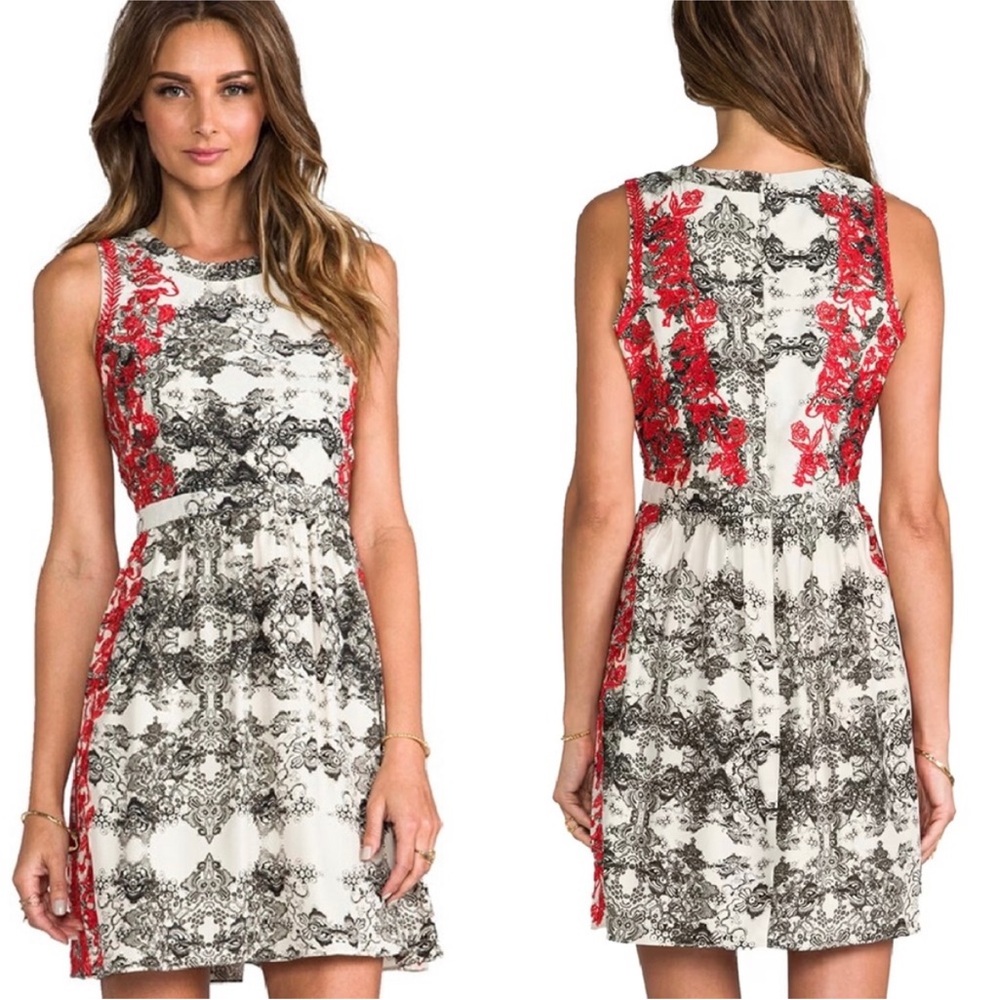 Parker Embroidered Ancho Silk Dress Red Black White